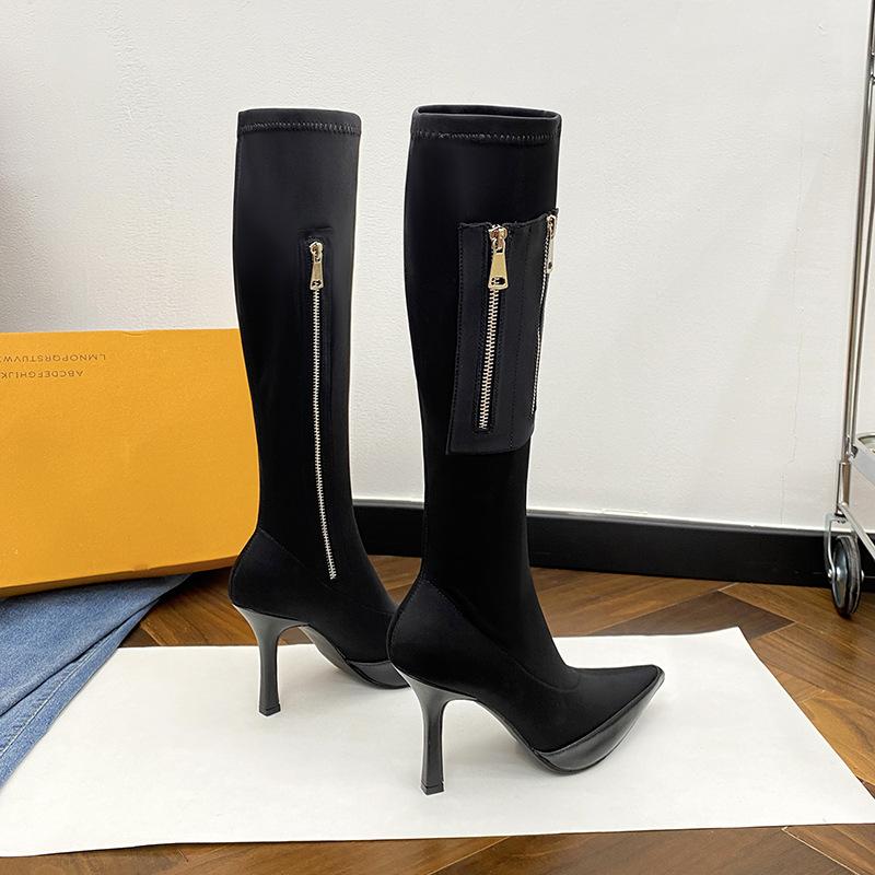 But Knee Boots Women's Autumn and Winter New Zipper Pointed Thin Elastic Boots Silk High Heel Boots
