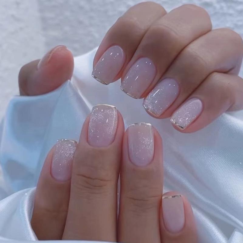 24Pcs Gradient White Short Square Ballet Fake Nails Simple Nude Full Cover Press On Manicure Tips