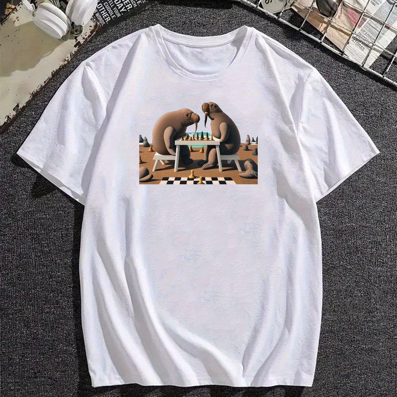 Walrus Chess Game Graphic Tee Mens Short Sleeve Casual Cotton Round Neck TShirt Breathable Summer S