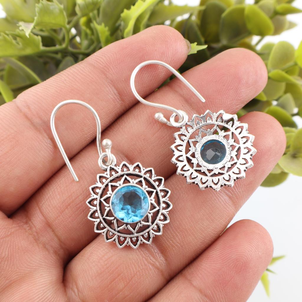Swiss Blue Topaz Earring Gemstone Earring, 925 Solid Sterling Silver Earrings Jewelry Handmade Earrings, Silver Jewelry For Gift