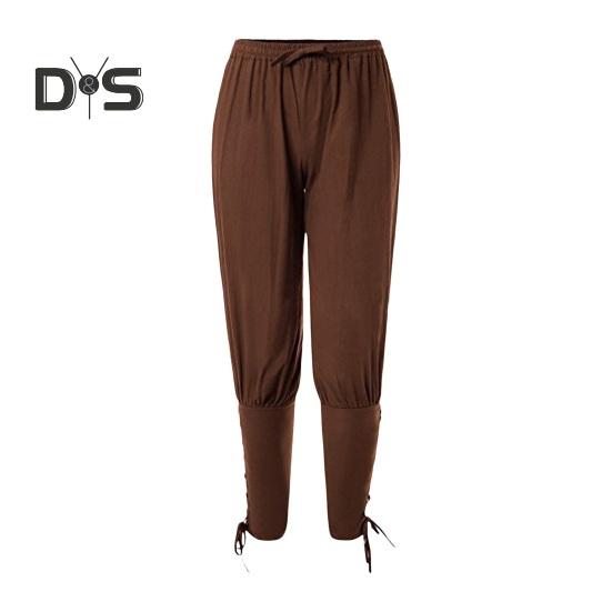 

Мужские брюки средневековые викинги пиратские щиколотки на шнуровке с эластичной резинкой на талии плиссированные свободные однотонные укороченные брюки косплей костюм для выступлений L коричневый