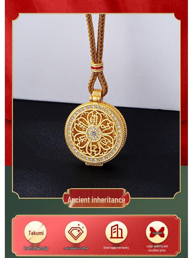 Women's Trendy Gold Sand Compass Pendant Necklace with Diamond-Inlaid Eight Treasures and God of Wealth Design