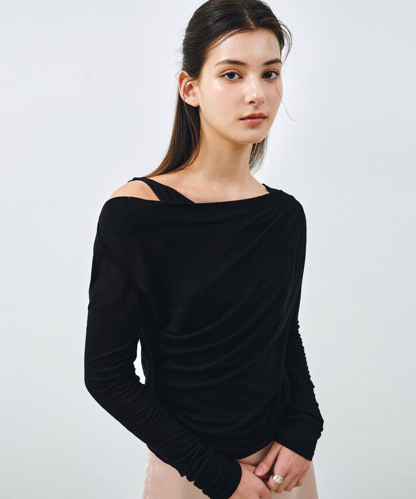 Mongdol [Set] One-Shoulder Draping Layered T-Shirt Black Mdts088Black