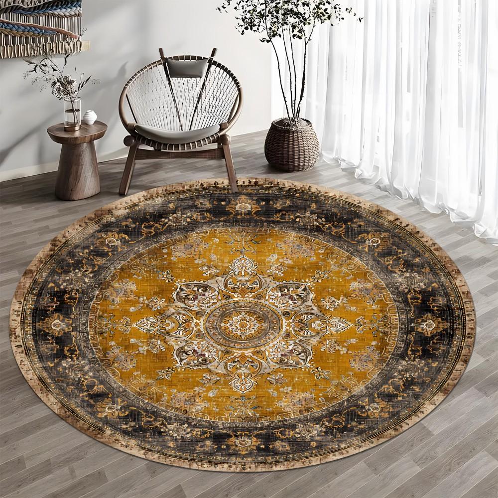 Distressed Persian Round Rug Yellow Black Ornate Medallion Holiday Floor Area Carpet for Living Room Bedroom Home Decor