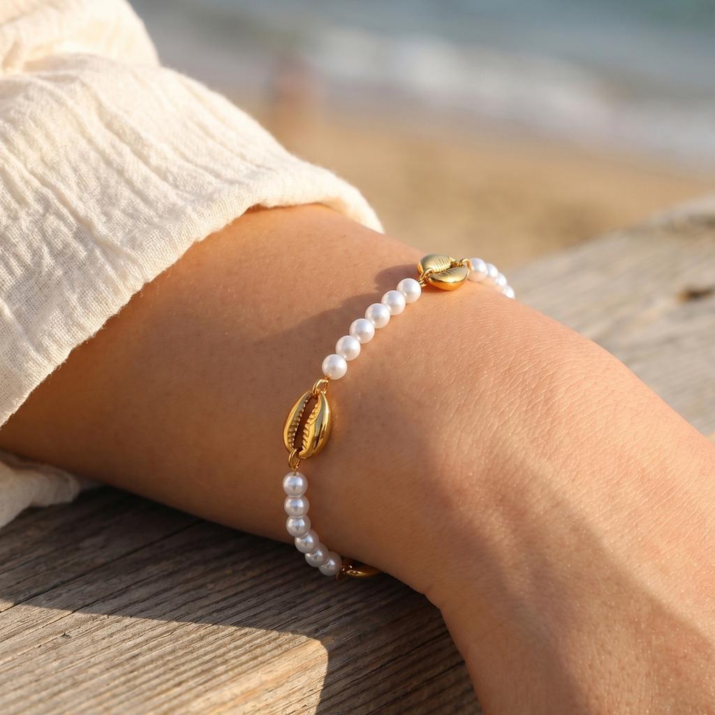 Bohemian Metal Shell Pearl Bracelet for Women Waterproof Stainless Steel Bead Bracelet Summer Beach Vacation Wrist Jewelry 2026