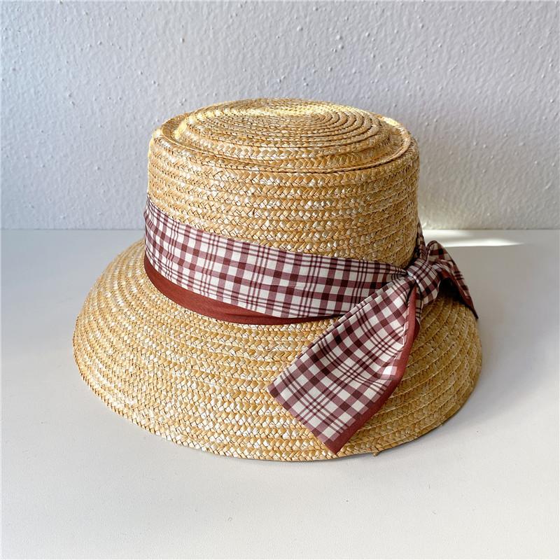 

Летняя шляпа-канотье с плоским верхом и бантом из соломы, праздничная плетеная соломенная шляпа для пляжа, солнцезащитная шляпа, британская шляпа-цилиндр Adult (56-58cm)