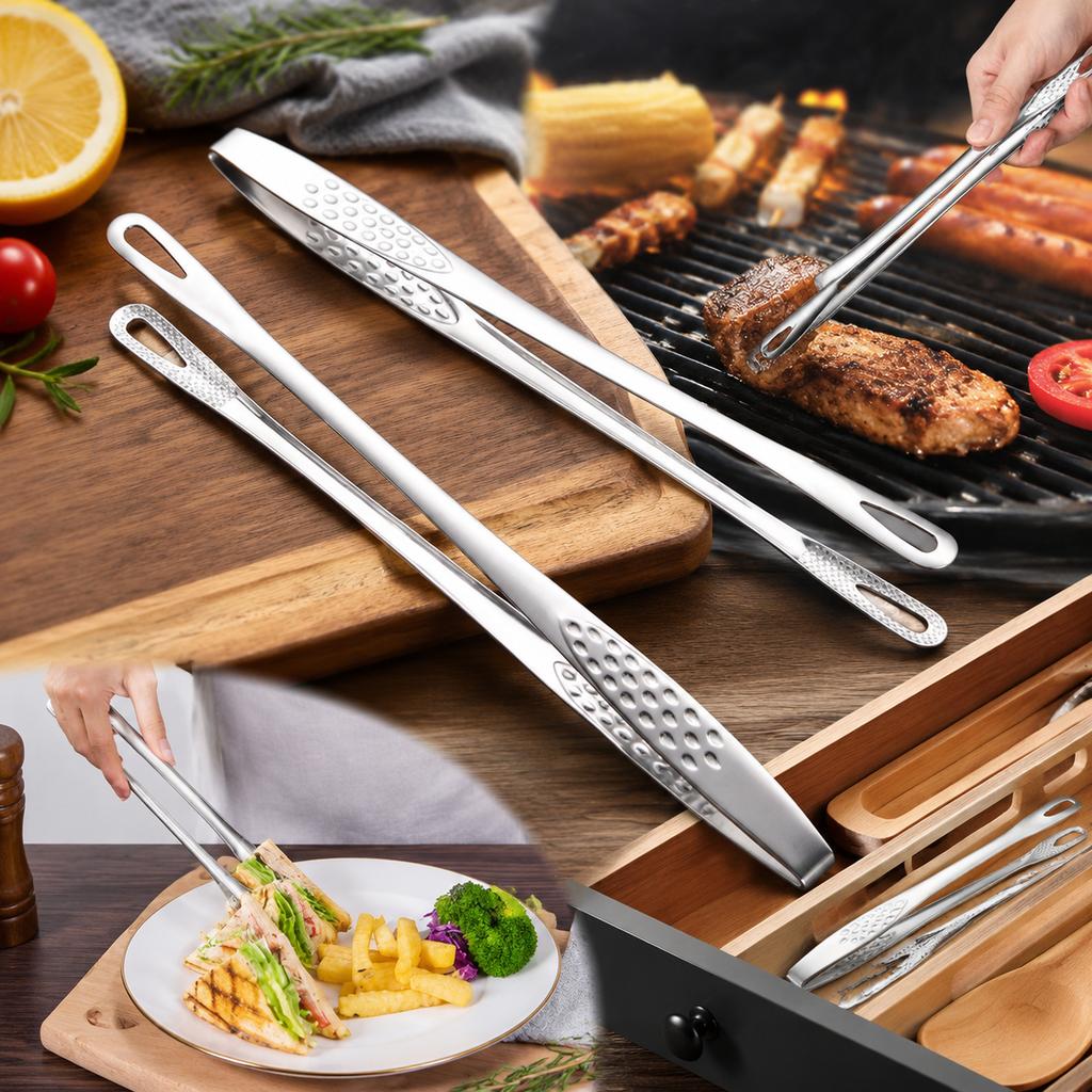 28cm Stainless Steel Kitchen Tongs with Textured Grip and Hanging Hole for BBQ, Cooking and Serving