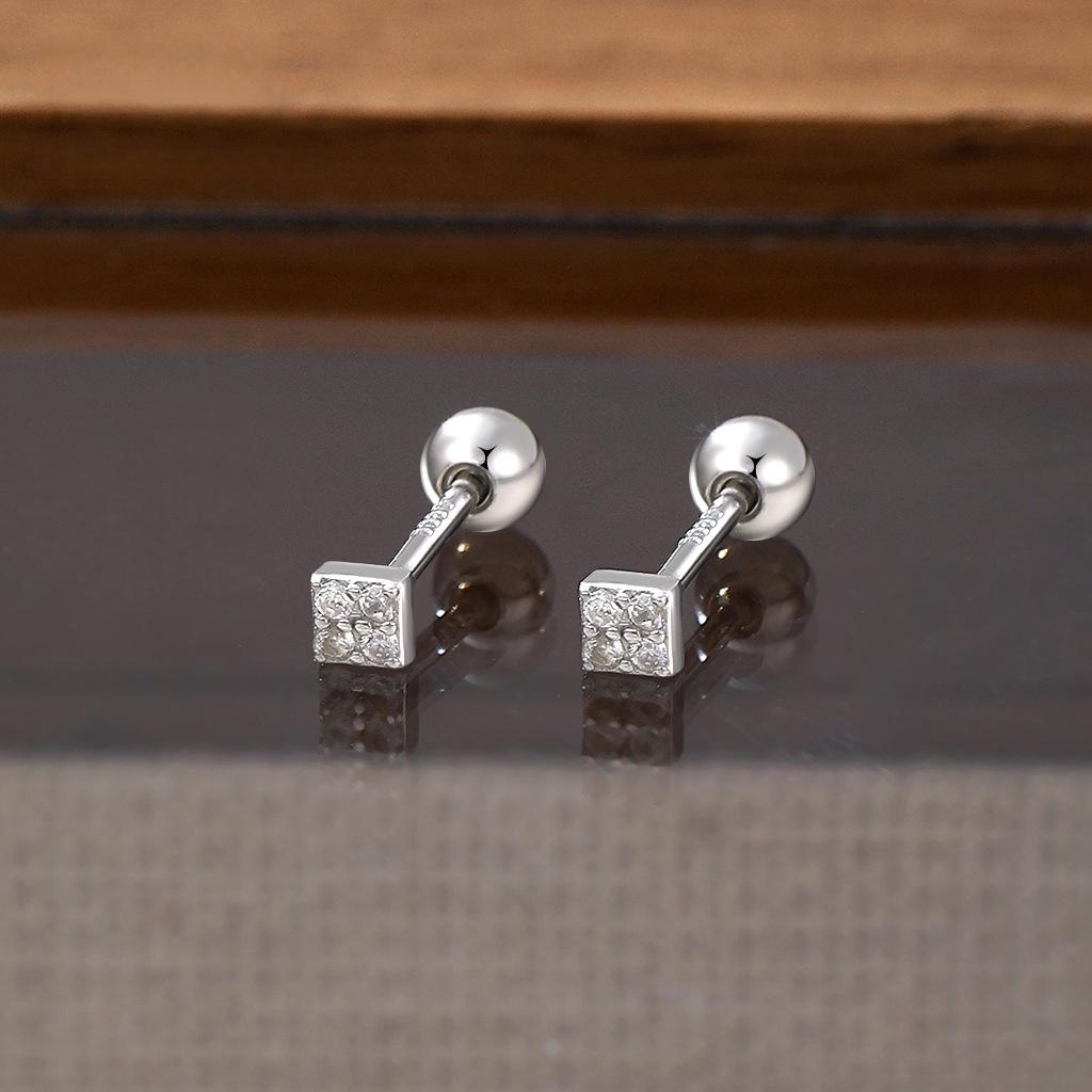 999 Sterling Silver Square Zircon Stud Earrings, Screw Back Ball Earrings Simple Jewelry for Women Elegant Daily Accessory