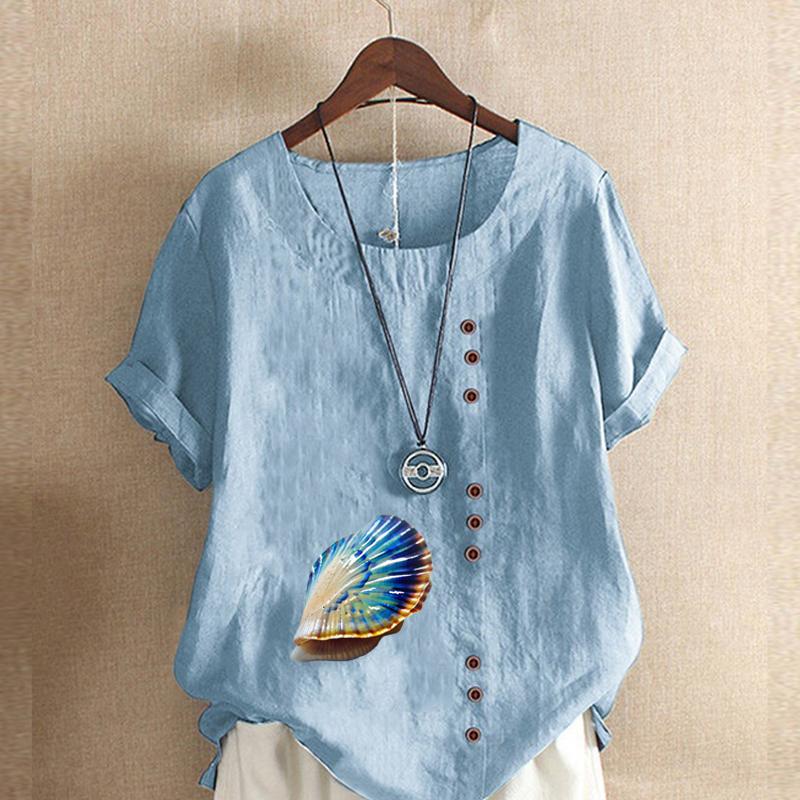 Women's Fashion Round Neck Short Sleeve T-shirt Casual Cotton Linen Graphic Shirt Shell Prined Summer Blouse Tops Plus Size