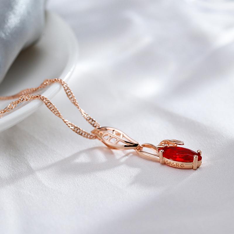 Luxury Red Natural Zircon Pendant Necklace For Women  Rose Gold Color Vintage Flower Wedding Party Fine Daily Jewelry