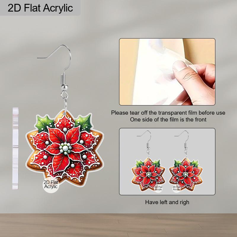 2D Flat Christmas Cartoon Red Flowers Pattern Earrings Jewelry Gift for Women Female