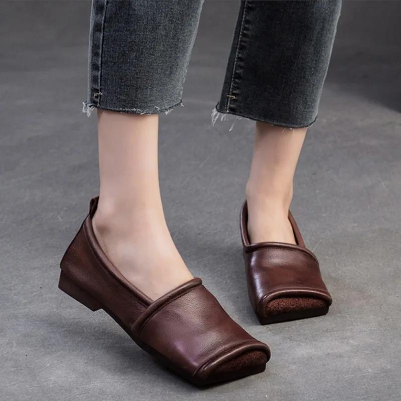 Fashion 2025 Autumn New  Leather Square Toe Flat Loafers Retro Soft Sole Comfortable Women's Slip-on Shoes
