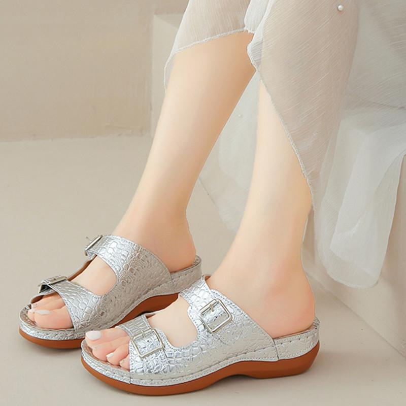 Fashion Shoes Big Size On A Wedge Ladies' Slippers Low Platform Luxury Slides Soft Designer Rome Hoof Heels PU Rubber Fabric Casual Fash