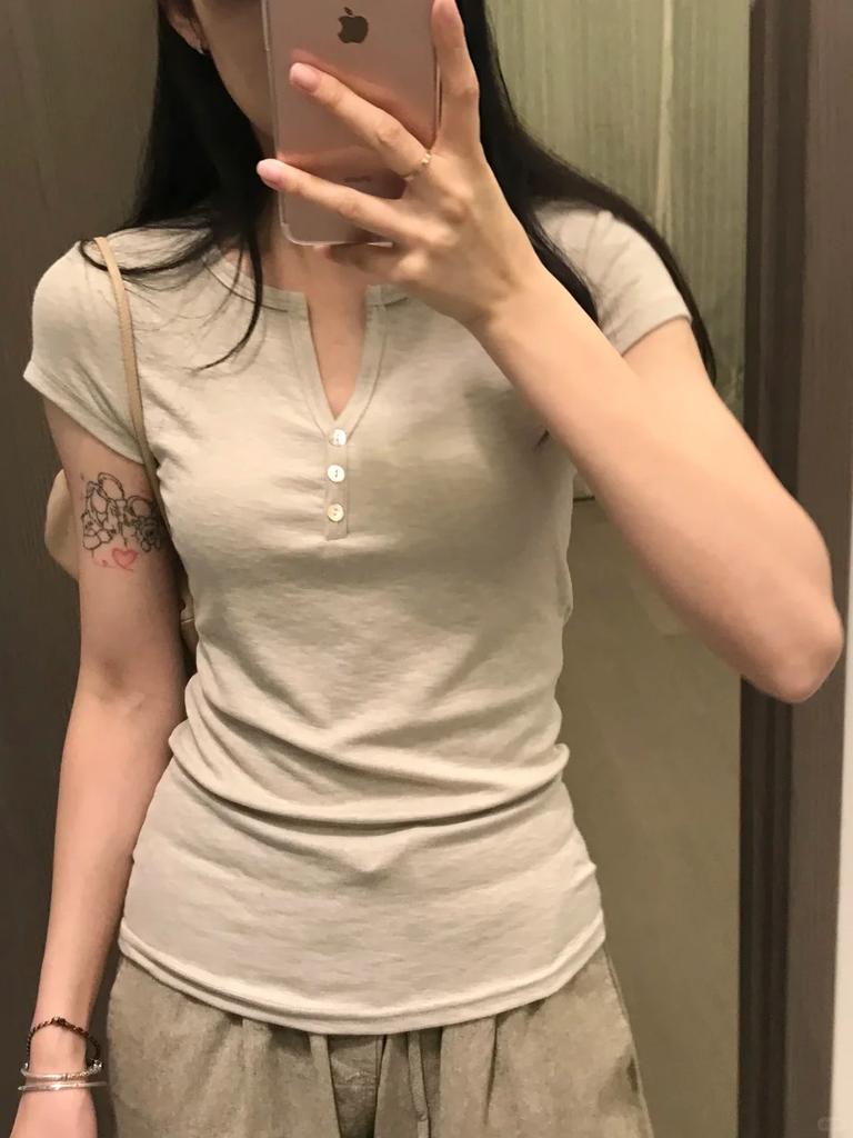 Henry Collar Three-button Small V-neck Short-sleeved Women's Summer Thin Slim-fit Slim Bottom Top Commuter Basic T-shirt