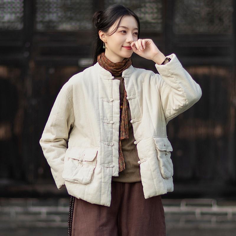 Johnature Women Vintage Warm Stand Long Sleeve Coats Solid Color Button Winter Pockets Coats