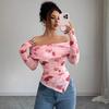 European and American Spring New One-word Collar Slim and Thin Pleated Edge Irregular Versatile Printed Top