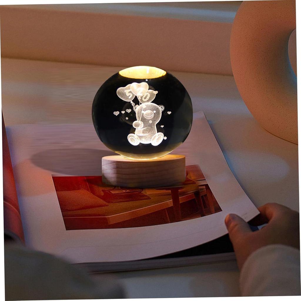 Crystal Ball Night Lamp – Engraved LED Light with Teddy Bear Design, USB-Powered Table Lamp, Wooden Base, Romantic Home & Office Décor, Bedroom