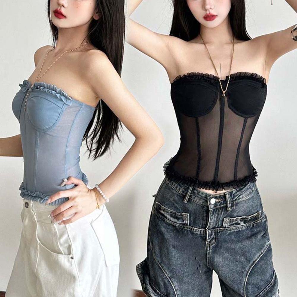 Sleeveless Women Mesh Corset Wrap Chest Suspender Vest Elegant Slim Crop Tops Spring Summer