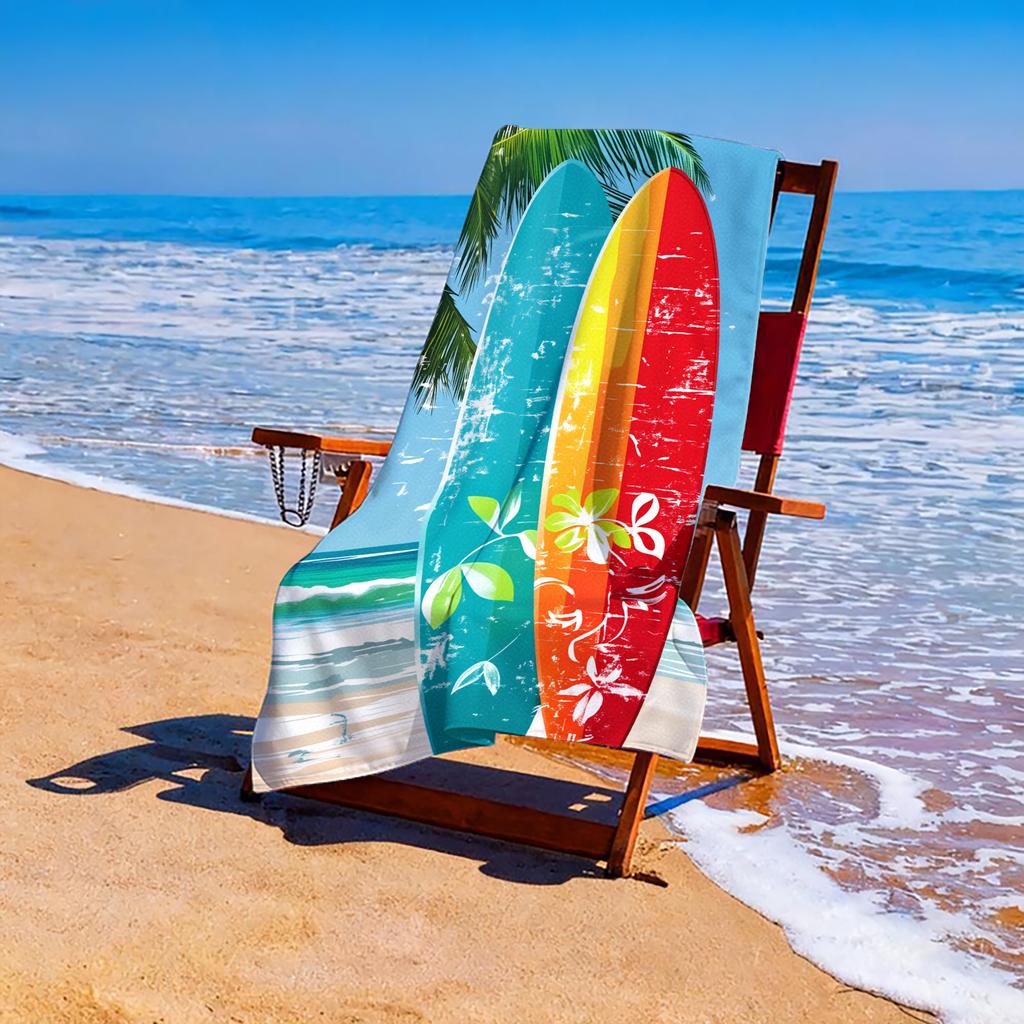 1 Piece Vibrant Tropical Beach Towel-Soft Quick-Dry Microfiber with Surfboard Print, Palm Tree Design For Pool, Travel, Yoga,