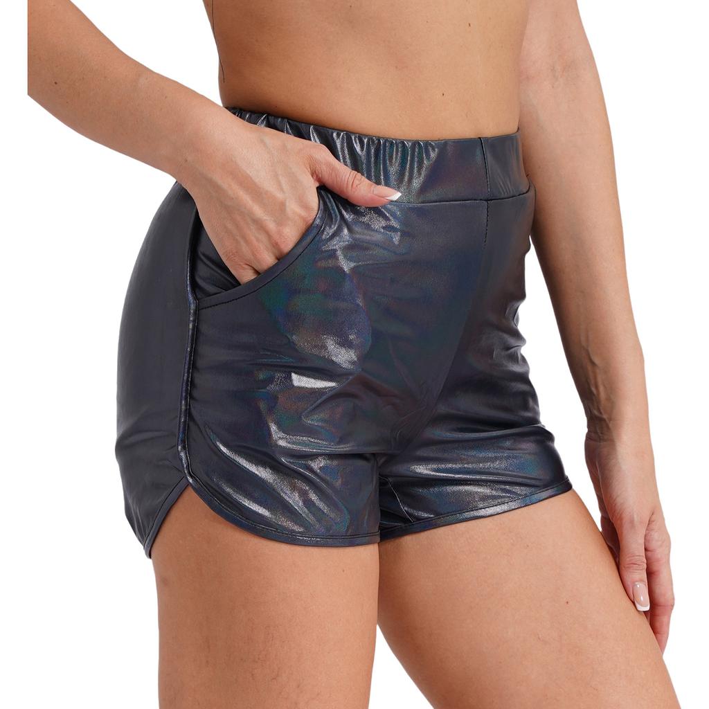 Shorts de Booty Métalliques Brillants pour Femmes Taille Élastique Poches Latérales Shorts Rave