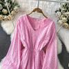 French Pink V-Neck Embroidered Ruffle Dress: Women's Autumn/Winter Waist-Cinching Long Dress