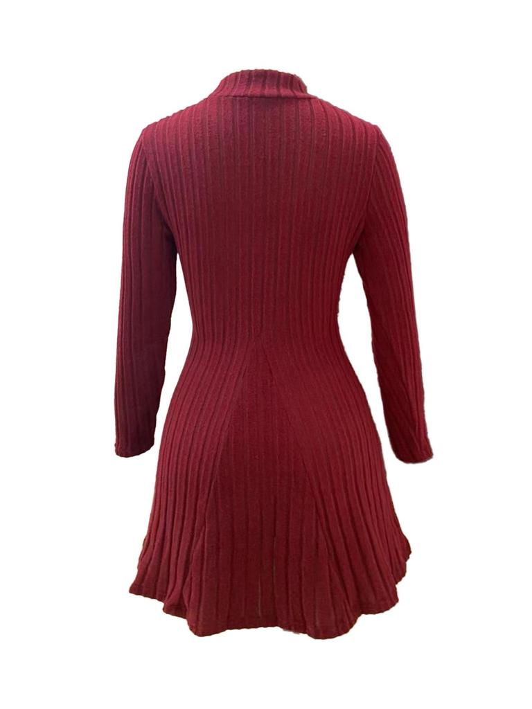 2025 Autumn/Winter European & American Women's Slimming Ribbed Dress: A-line, Half-high Collar, Long-sleeved