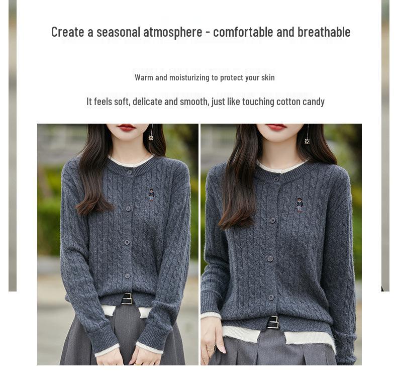 2025 Women's Fashion Color Block Knitted Cardigan: Round Neck, Fake Two-Piece, Embroidered Cable Knit Sweater