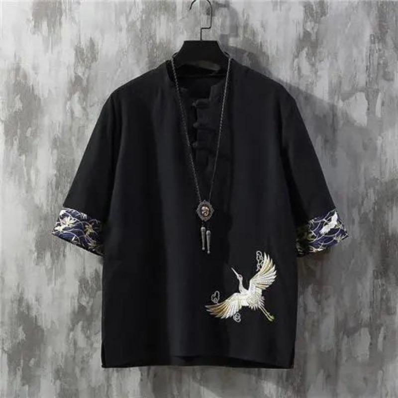 Summer Chinese Style Linen Short-sleeved T-shirt Men's Trend Youth Five-point Sleeve Thin Men's Cotton and Linen Bottoming Shirt