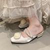 Fashion Elegant Mid Heels Women Slippers Flower Bead Heeled Shoes 2025 Fashion New Sandals Pumps Summer Trend Square Toe Shallow Slides