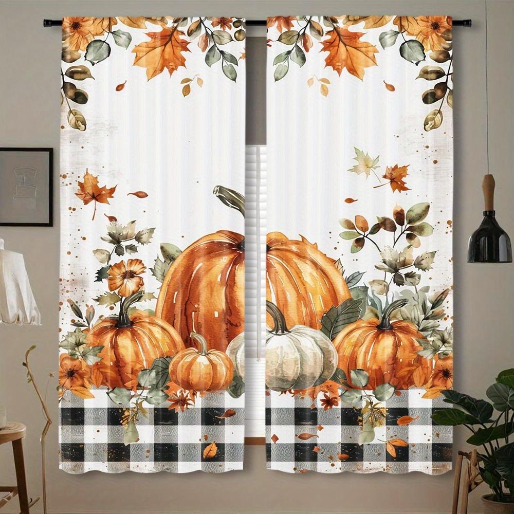 2pcs Set Rustic Autumn Pumpkin & Maple Leaf Curtains - Farmhouse Style Rod Pocket Window Treatments, Digital Printed Polyester f