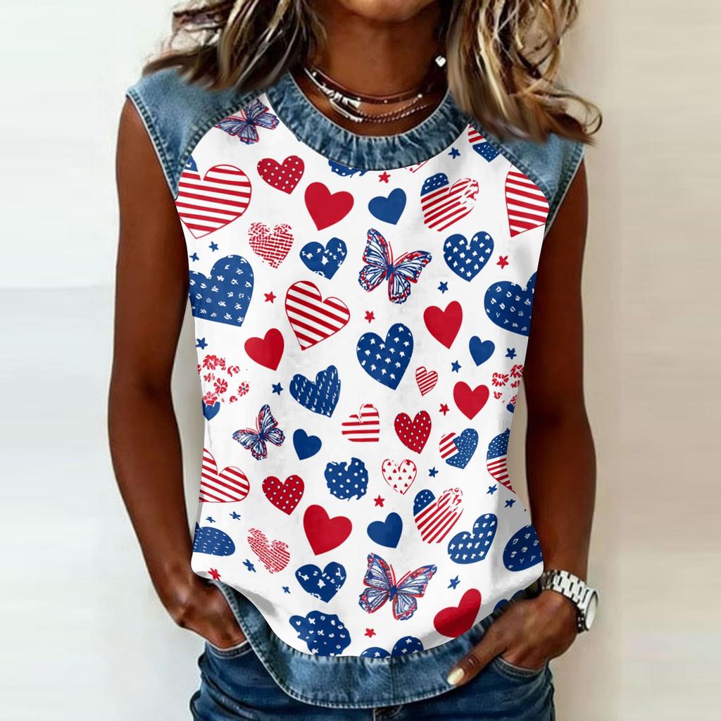 Women Sleeveless Pullover Tank Top Casual Round Neck Blouse Independence Day Print Shirt with Star Pattern and Abstract Design