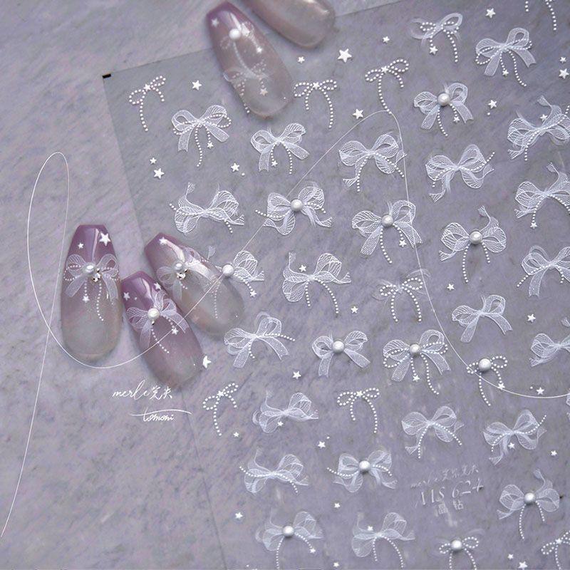 

New Arrival Pearl Lace Bows Nail Art Stickers Three-Dimensional Relief Decals White Bows Nail Ornament T355-Lace Bows Pearl