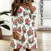 Women Plus Size Scallop V Neck Long Sleeve Floral Printed White Dress
