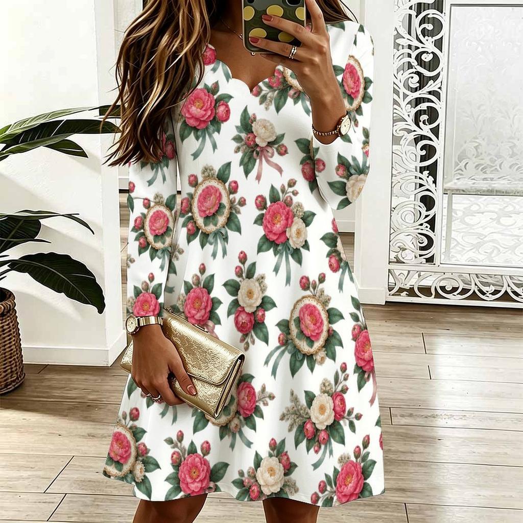 Women Plus Size Scallop V Neck Long Sleeve Floral Printed White Dress