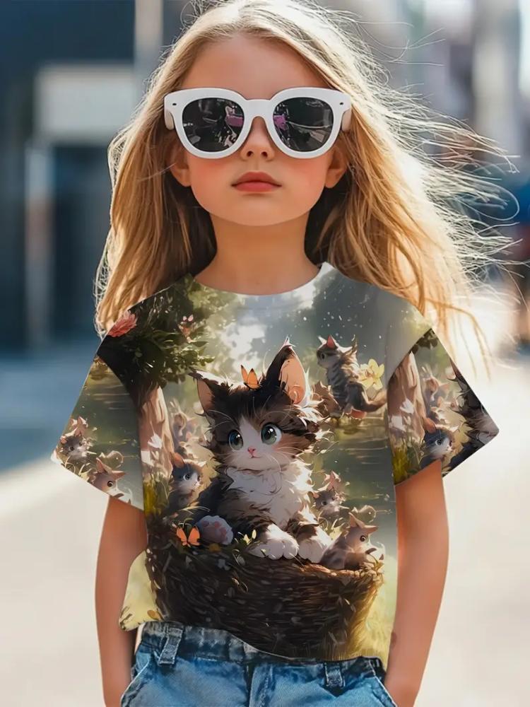 Kinderkleidung Mädchen T-Shirt Mode Kurzarm-T-Shirt Sommerkleidung 3D-Druck Kinder Oberteile Cartoon Atmungsaktiv Kinder T-Shirt