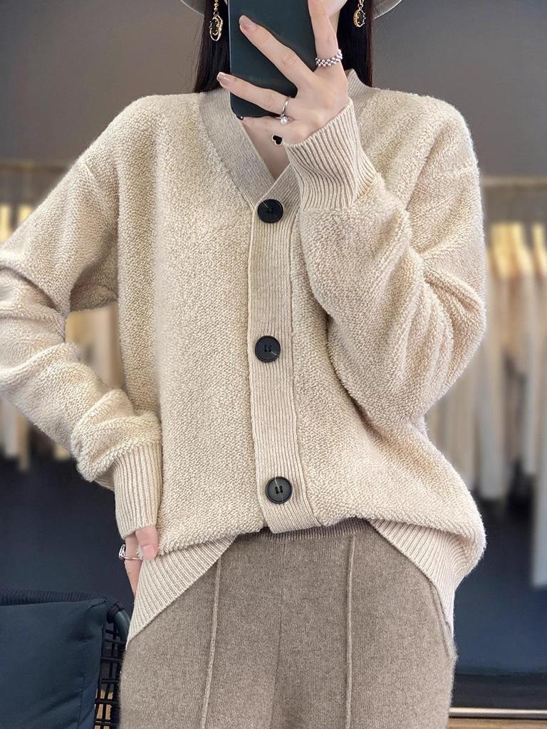 Women's Korean Style 100% Wool V-Neck Cardigan - Loose, Fashionable, Slimming Sweater