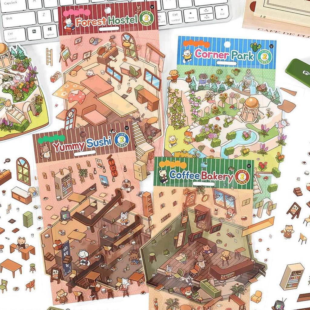 3D House Sticker Set of DIY Collage Scenery Landscaping Paper Miniature Paper 3D Korean Style Decorative Planner Stress Includes Tweezers Forest Hotel