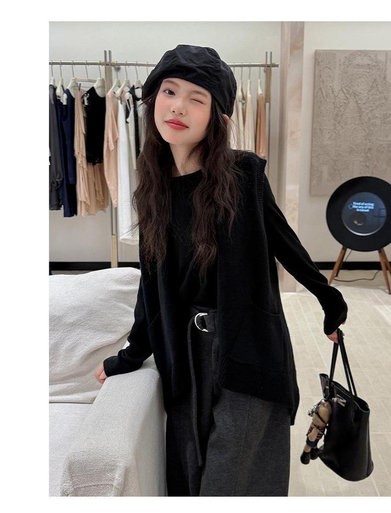 Mädchen Set im koreanischen Stil: Schwarze Strickweste mit Weitbeiniger Hose und Langarmshirt - Ankunft Herbst 2026