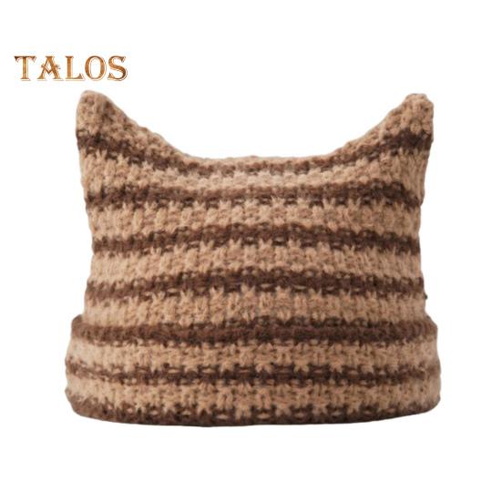 

Зимняя женская шапка-кошечка с контрастными полосками и звездами, меховой шарик, декор в виде демона, ветрозащитная эластичная противоскользящая теплая шапка кофейный