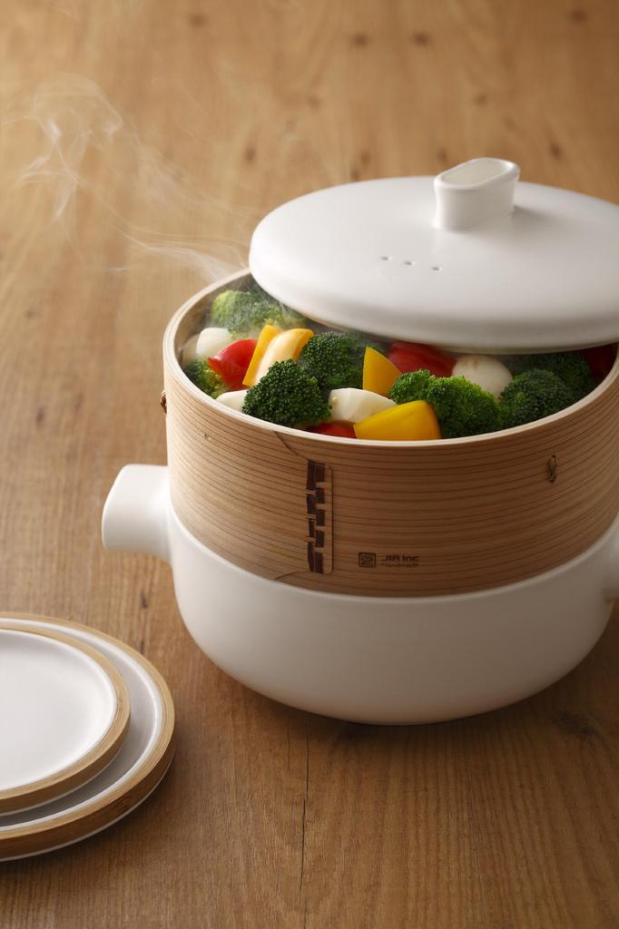 JIA Steam Pot Steamer with Steamer Basket 24cm Ceramic Pot White L Size