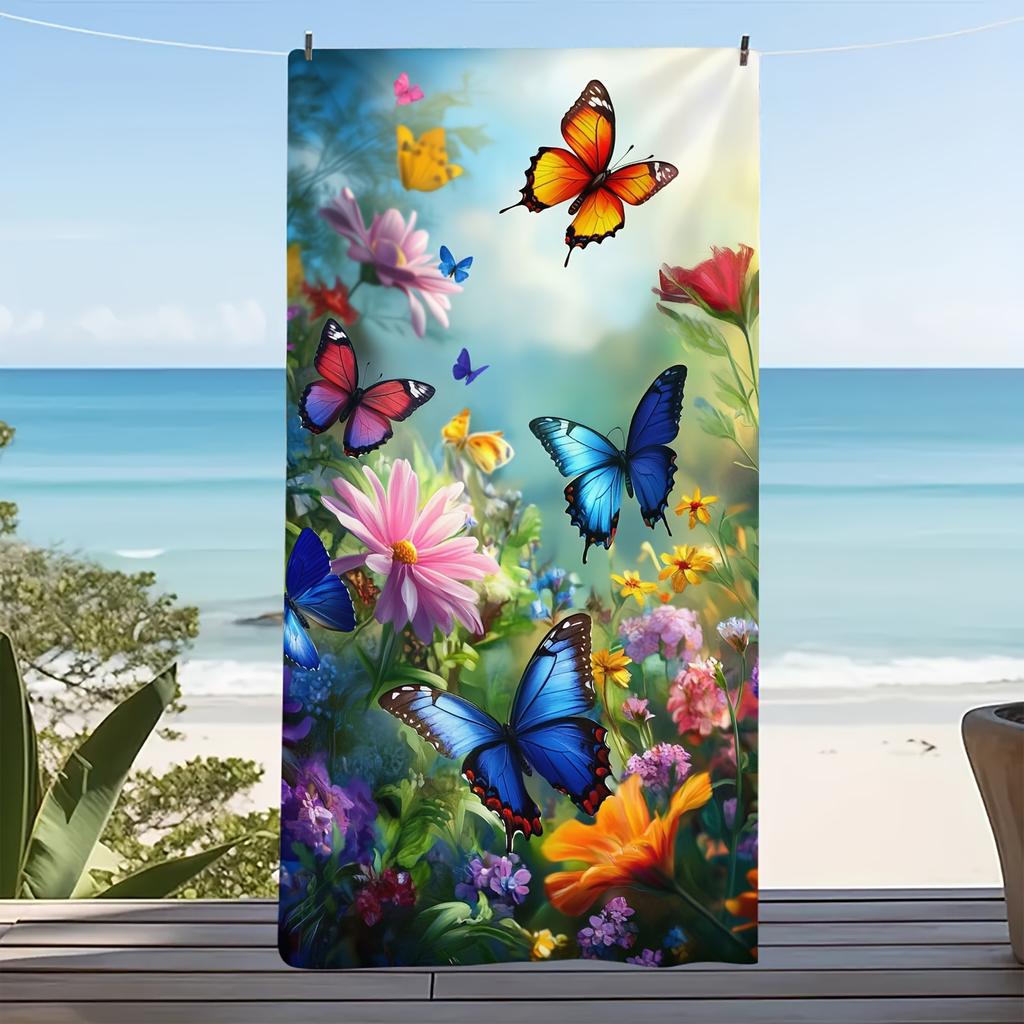 Butterflies and Flowers Beach Towel, Romantic Botanical Art Quick-Dry Sand-Free Microfiber Bath Towels for Yoga, Swim and Travel