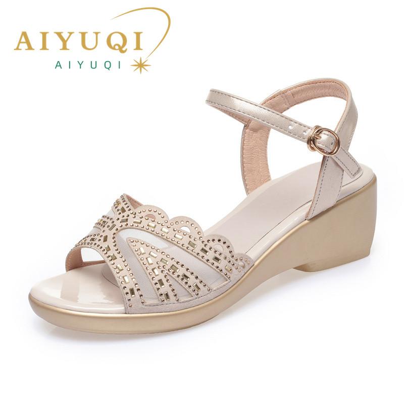 

Fashion AIYUQI Women s Sandals Big Size New Summer Wedges Women s Sandals Roman Water Drill Pure Color Casual Mother Sandals Ladies 43 золотистый