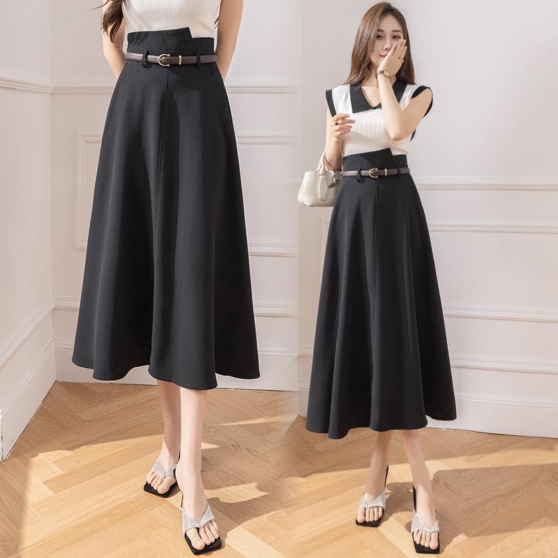 Elegant High Waist A Line Skirt Women Midi Flared Skirt Office Long Skirts Slim