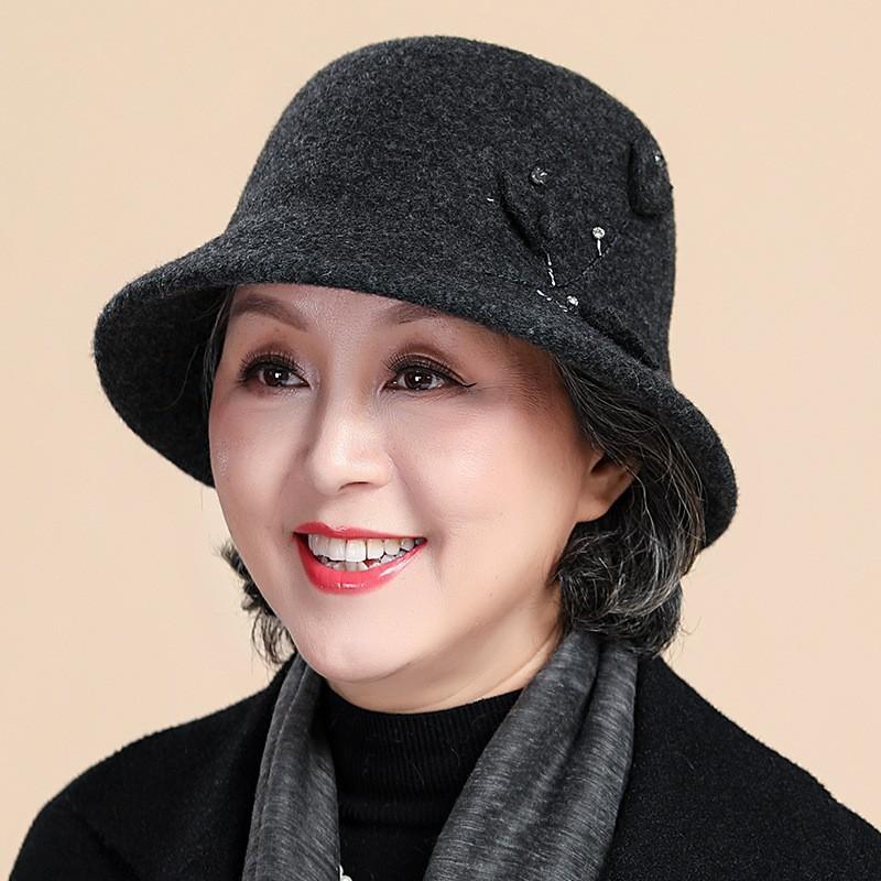 Hat Women's Autumn and Winter Versatile Middle and Old Hat Wool Elegant Flower Pot Hat Retro Curled Top Hat