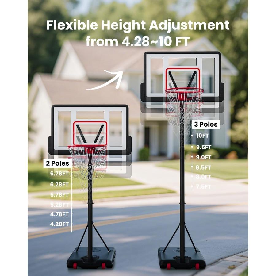 Portable Basketball Hoop 10ft Height Adjustable Outdoor Basketball Goals with 44 Inch Shatterproof Backboard for Backyard Drive