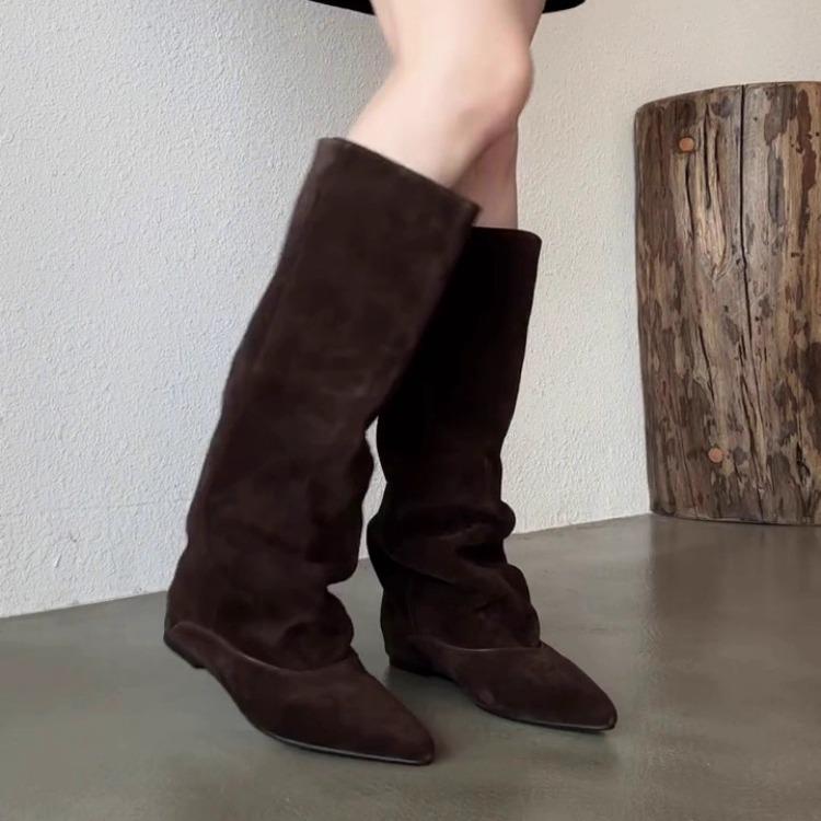 

Cowhide version~ Retro pointed inner height-increasing knight boots for women s 2025 autumn and winter new versatile and thin pleated piled boots 40