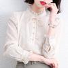 Spring Autumn Elegant Stand Collar Shirt Stylish Drawstring Bow Female Clothing Korean Solid Color Chic Pearl Button Blouse