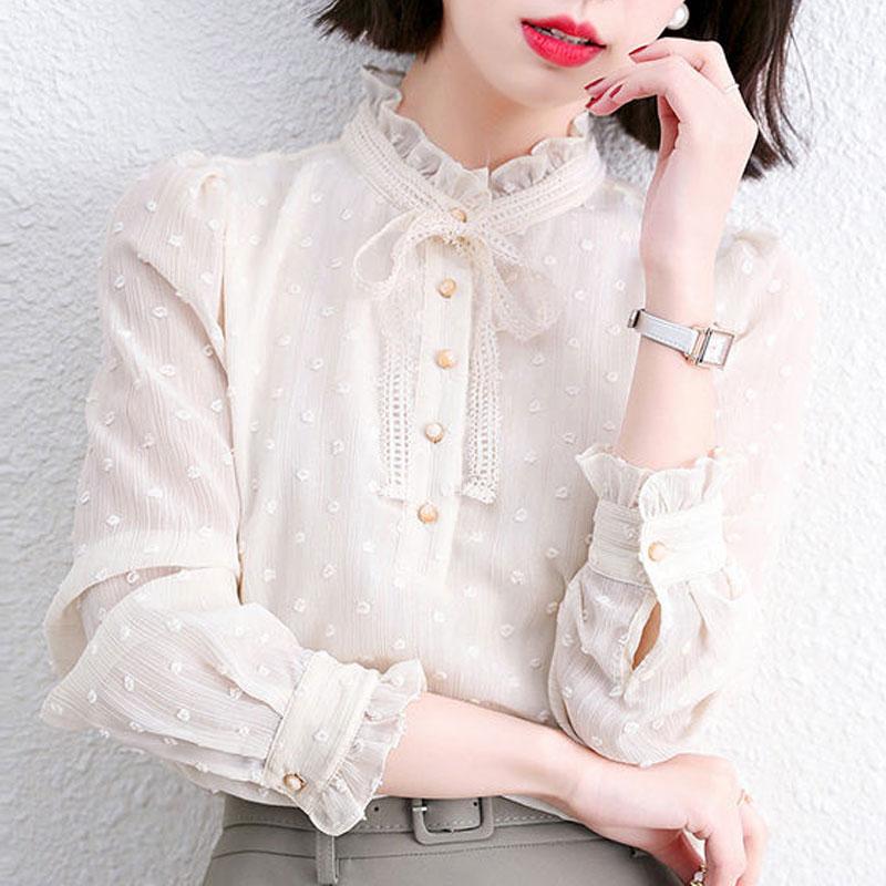 Spring Autumn Elegant Stand Collar Shirt Stylish Drawstring Bow Female Clothing Korean Solid Color Chic Pearl Button Blouse
