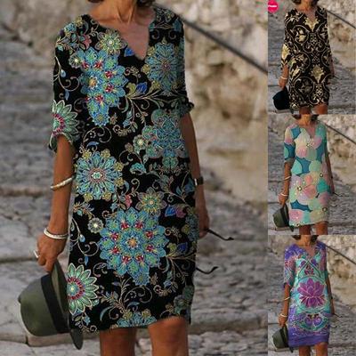 Women's V-Neck Short Sleeve Dress Casual Print Dress Beach Dresses Boho Dress