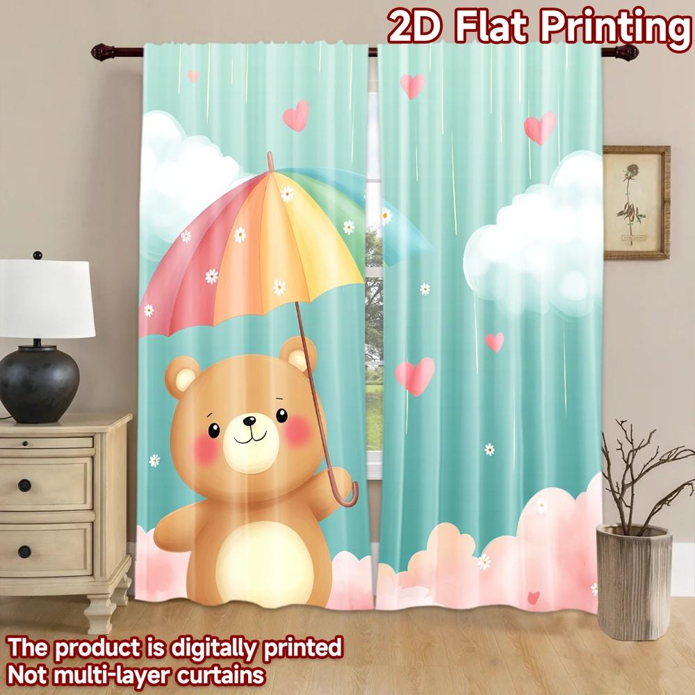 2D Flat Printing 2pcs Party Curtain Cute Bear Umbrella Rainbow Rain Digital Printed Polyester Drapes Festive Holiday Use for